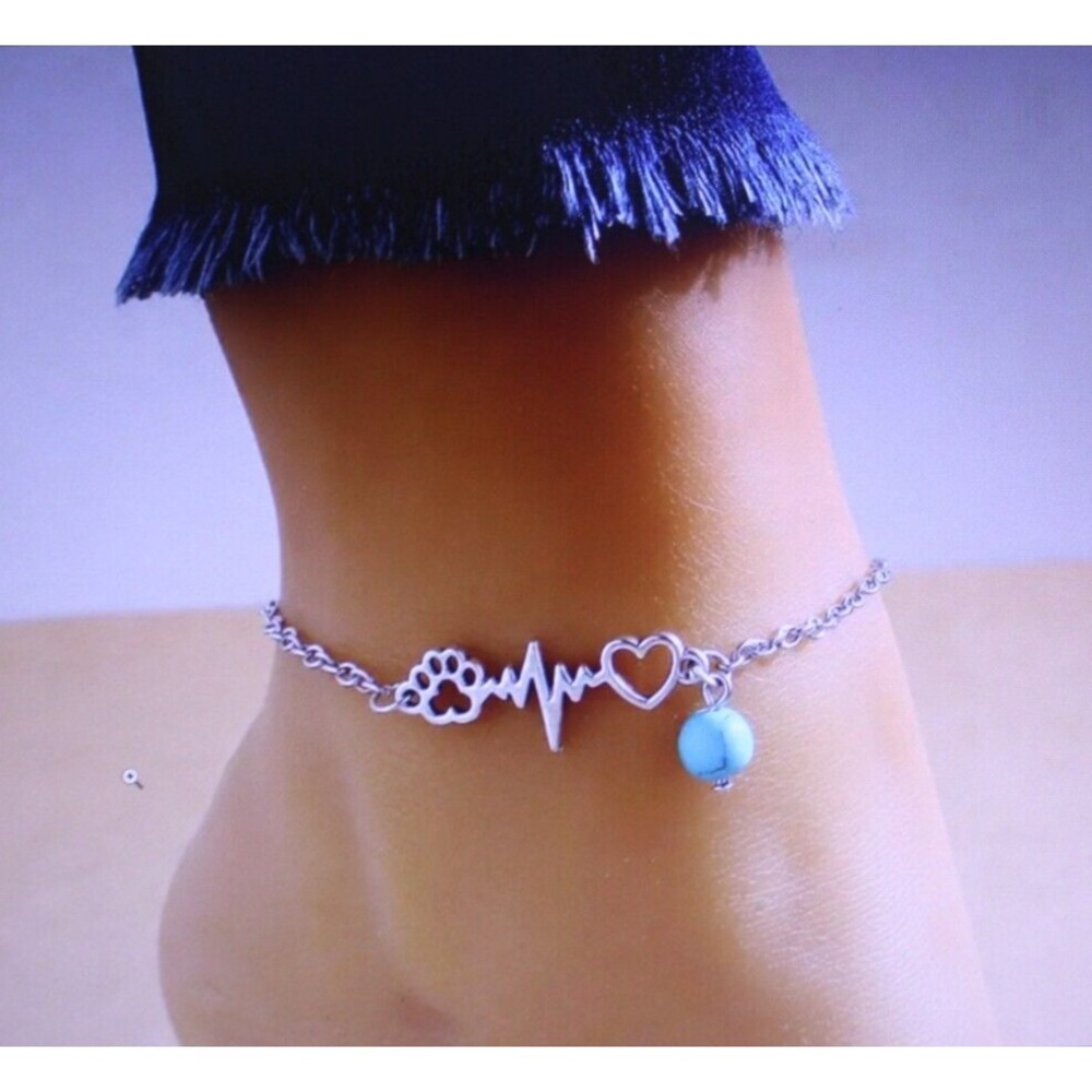 Hollow Paw ECG Heart Turquoise Drop Stone Silvertone Anklet Ankle Bracelet NIP
